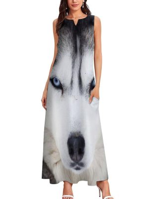 Cute Husky Women's Maxi Dress Summer Sleeveless Casual Long Dresses with Pockets