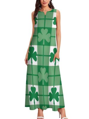 Emerald Green Shamrocks Women's Maxi Dress Summer Sleeveless Casual Long Dresses with Pockets