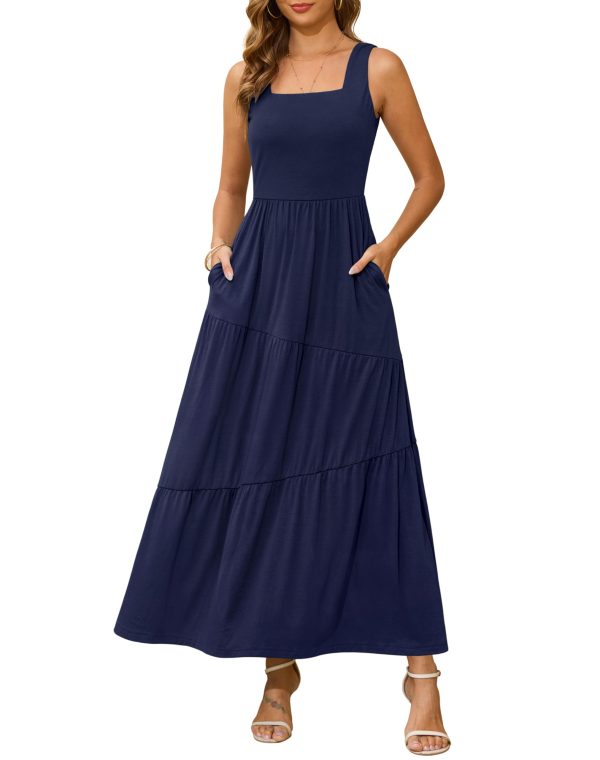 2025 Summer Sleeveless Long Beach Sundress Square Neck Tank Top Tiered Maxi Dress with Pockets