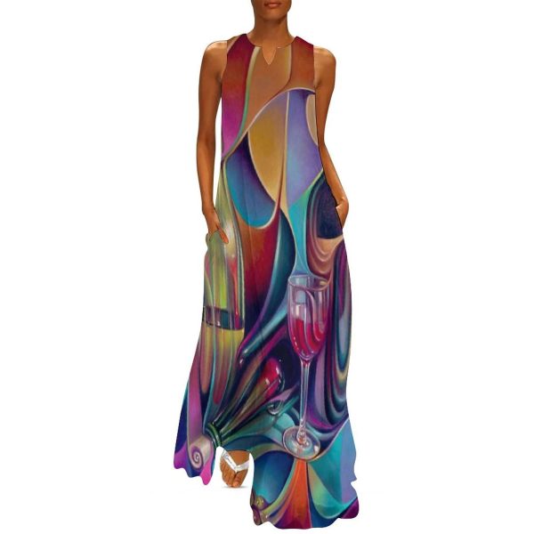 Wine Glasses Women's Maxi Dress Summer Sleeveless Casual Long Dresses with Pockets