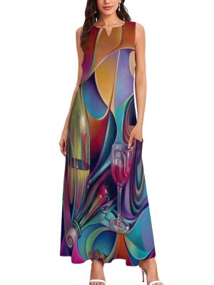 Wine Glasses Women's Maxi Dress Summer Sleeveless Casual Long Dresses with Pockets
