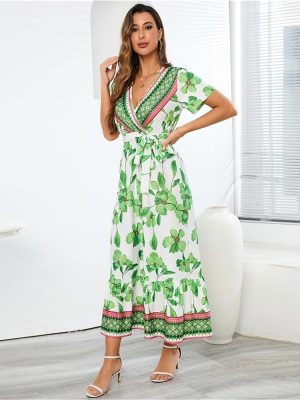 Bohemian Print Long Dress Women Summer Sexy Deep V Neck Beach Dress Casual Vacation Maxi Dress(Green,Large)