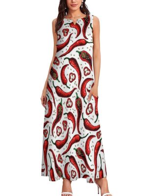Chili Pepper Women's Maxi Dress Summer Sleeveless Casual Long Dresses with Pockets