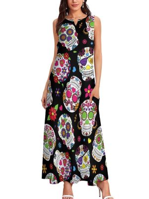 Day of The Dead Sugar Skull Women's Maxi Dress Summer Sleeveless Casual Long Dresses with Pockets