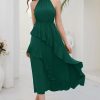 Women's 2024 Summer Sleeveless Halter Neck Ruffle Hem Split Flowy Swing Long Midi Dress with Belt