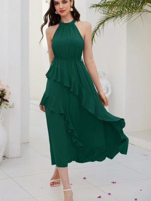 Women's 2024 Summer Sleeveless Halter Neck Ruffle Hem Split Flowy Swing Long Midi Dress with Belt