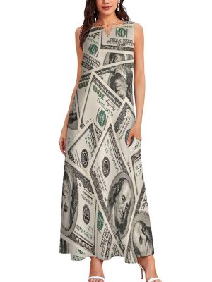 Money American Hundred Dollar Bills Women's Maxi Dress Summer Sleeveless Casual Long Dresses with Pockets