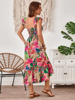 Women's Summer Tropical Midi Dresses Square Neck Beach A-Line Sun Casual Boho Floral Print Flowy Long Dress