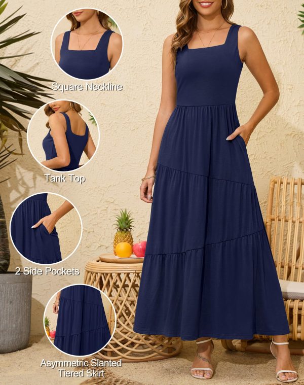 2025 Summer Sleeveless Long Beach Sundress Square Neck Tank Top Tiered Maxi Dress with Pockets