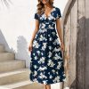 Women's Summer Dresses 2025 Short Sleeve Maxi Dress Casual V Neck Flowy Sundress with Pockets