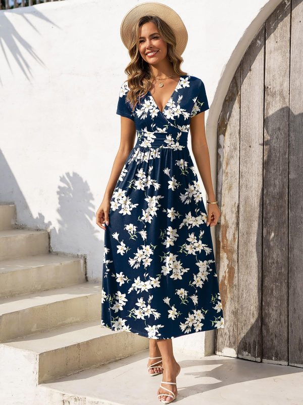 Women's Summer Dresses 2025 Short Sleeve Maxi Dress Casual V Neck Flowy Sundress with Pockets