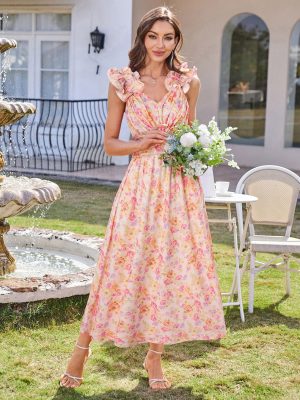 2025 Women's Summer Floral Print Dress Sleeveless Casual Flowy Sundress A Line Ruffle Wedding Guest Outfit